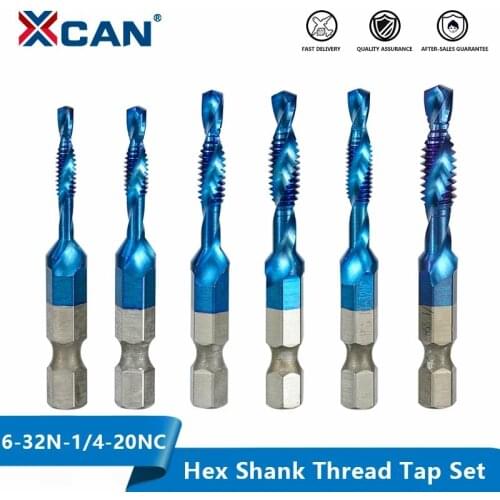 XCAN Thread Tap 6pcs HSS Screw Spiral Tap Drill Set 6-32 8-32 10-24 10-32 12-24 1/4-20 Hex Shank Machine Plug Tap Threading Tool