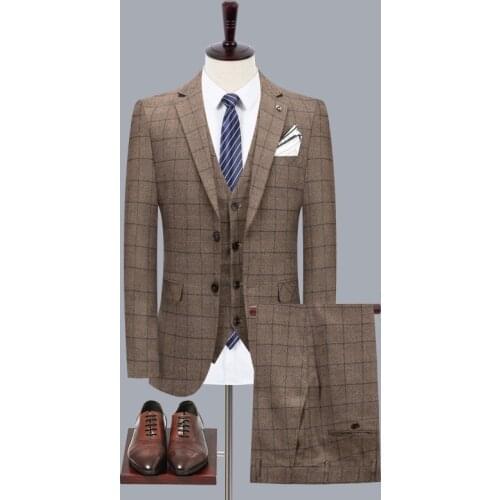2021 Mens New Striped Plaid Suit Youth Fashion British Slim Fit Suit Bridegroom Wedding Suit Three Pieces