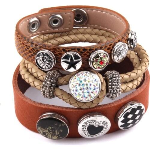 New Arrival Metal Button With Rhinestone Epoxy Enamel Leather Bracelets For Women Brown Leather Wrap Bracelet