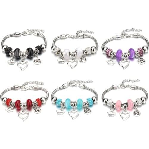 Antique Original Crown Tree Heart Shape 6 colors Charm Bracelets For Women Glass Beads Brand Bracelet & Bangle DIY Jewelry Gifts