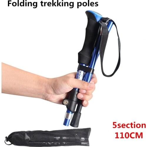High-strength aluminum alloy folding trekking pole 112-132cm telescopic climbing walking stick T handle non-slip walking stick