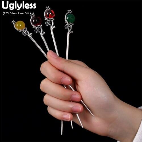 Uglyless Solid 990 Pure Silver Hair Sticks for Women Candy Colors Chalcedony Hair Forks Thai Silver Flower Hair Decoration Jewel