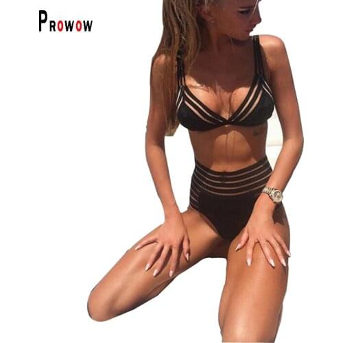 Prowow Sexy Women Bikini Set Push Up High Waisted Striped Hollow Out Two Piece Swimsuits Balck Color Beachwear Bathing Suit