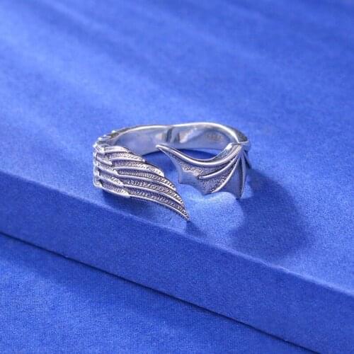 Silver Color Romantic Angel and Devil Domineering Wings Lovers Ring Fashion Open Adjustable Lucky Ring Valentines Day Gifts