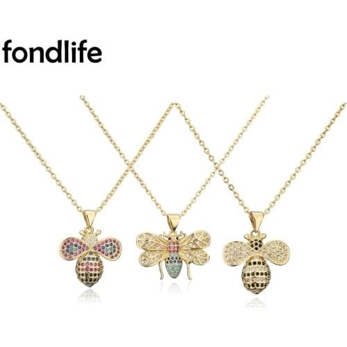 AAA Multicolor Cubic Zirconia Stones Bee Pendant Chain Necklace Women Lady Fashion Cute Animal Brass CZ Party Jewelry Present