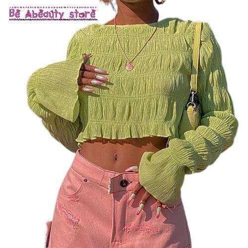 Womens Korean Style Pleated Tops Flared Long Sleeve All-Match Blouse Vintage Casual Spring Autumn Round Neck Womens Clothing