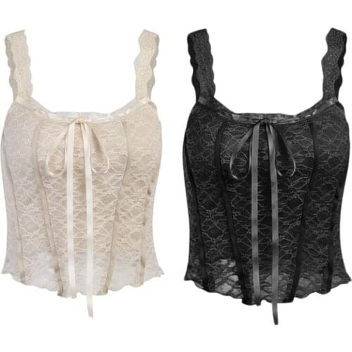 Women Summer Retro Sheer Lace Corset Top Lace-Up Bow Sexy Square Neck Slim Vest Solid Color Sleeveless Shirts