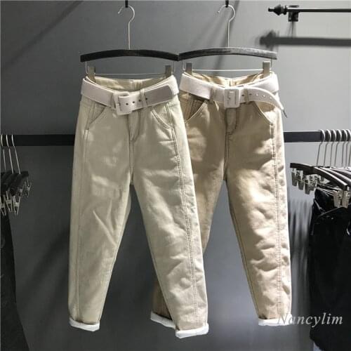 Winter Warm White Pants for Womem New Casual Fleece and Thick Jeans Female Loose Harem Trousers with Belt Nancylim