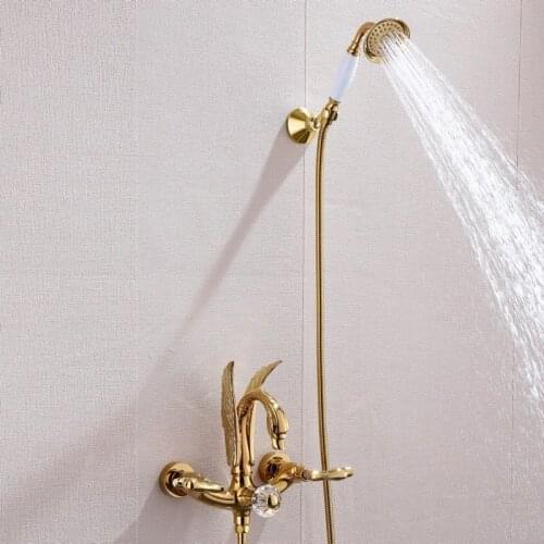 Gold Swan Brass Bathtub Shower Faucets Set Hot & Cold Bath Shower Mixer Taps With Handheld Wall Mount Dual Handle Unique Design