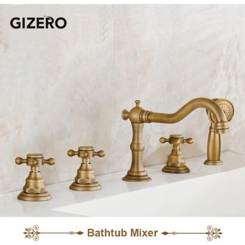 5Pcs Bathtub Shower Faucet Antique Brass High Quality Basin Taps Three Handle Control Bathtub Mixer With Hand Shower ZR889