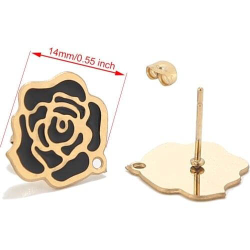 6pcs Stainless Steel Enamel Rose Flower Ear Post Stud Earrings Findings Gold Stoppers W/ Loop DIY Components 14mm