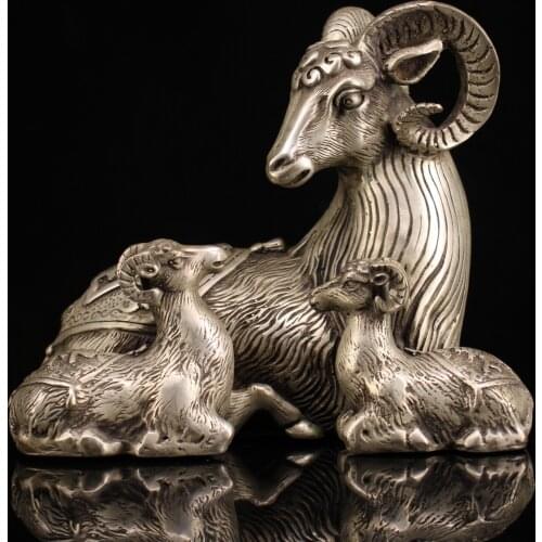 7"Chinese Folk Collection Old Bronze Gilt Silver Goat statue Mother and child sheep Sanyang Kaitai Office Ornaments Town House