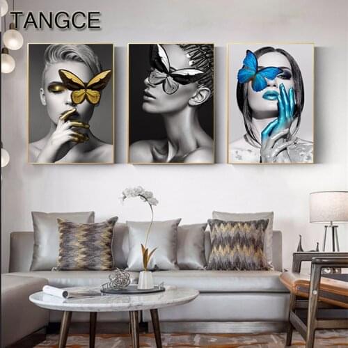Abstract Golden Paint Butterfly Girl Painting Modern Poster Print Figure Wall Art for Living Room Fashion Interior Design Decor