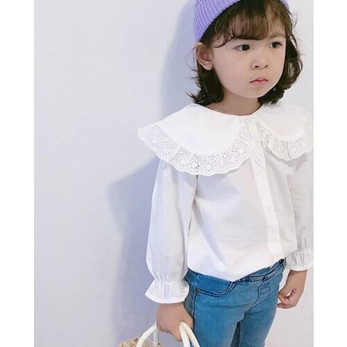 Toddler Girls Blouse Baby Girl Cotton Lace Doll Collar Shirt Long Sleeve White Shirt Basic Bottoming Blouse School Kids Clothes