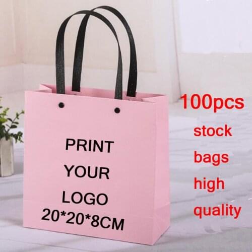 Factory price Custom logo bags 100pcs paper bags High quality stock bags gift bags pink bags red bags clothes shopping bags