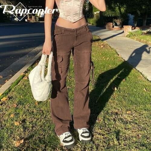 Rapcopter y2k Belt Jeans Vintage Low Waited Denim Pants Pockets Drawstring Cargo Trousers Women Harajuku Sweatpants Cute Jeans