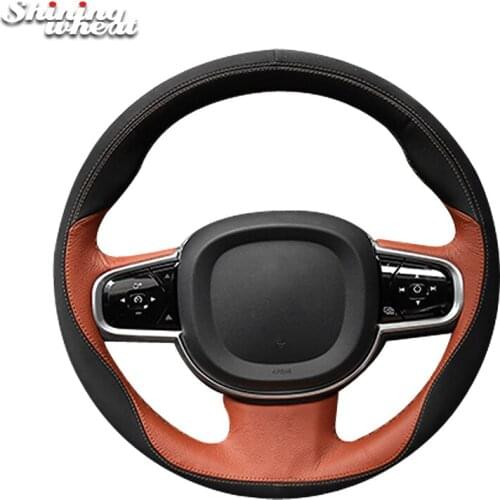 BANNIS Black Brown Leather Car Steering Wheel Cover for Volvo XC90 2015-2017
