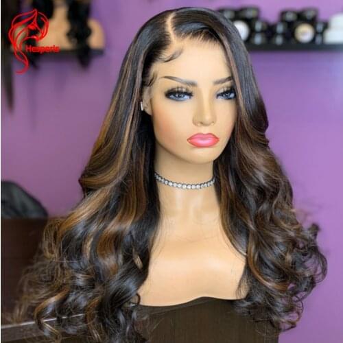 Hesperis Brown Highlight Side Deep Part Lace Front Human Hair Wigs Brazilian Remy Wave 13x4 Lace Front Wigs Bleached Knots