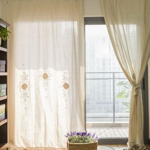 Greece Vintage Style 100% Cotton Living Room Curtain with Crochet Tassel