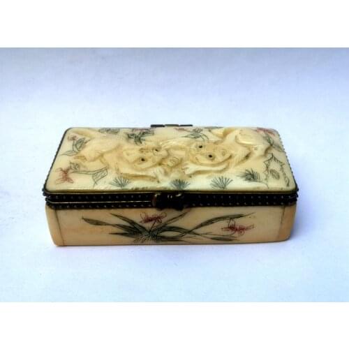 YIZHU CULTUER ART Collection Ancient China Tibet ox Bone Hand Carved Lovely cat Jewelry box Family Decoration