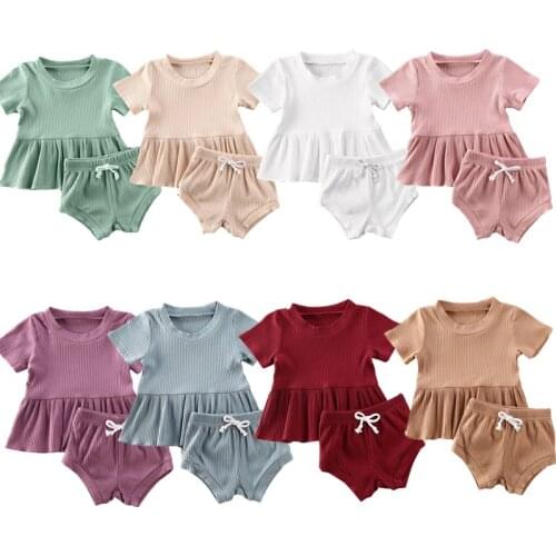 Lioraitiin 2Pcs Set 0-24M Baby Summer Clothing Newborn Baby Girls Clothes Short Sleeveshirt Top Pp Bottoms Shorts Ribbed Outfits
