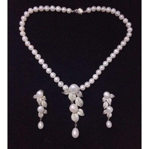 1 Row White Round Pearl Necklace Earring Set leaves Flower Cz Pave Pendant