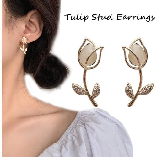 Fashion Elegant Cute Stud Earrings Opal Tulip Flower Stud Earrings Women Students Delicate Earrings Micro Paved Zircon Jewelry