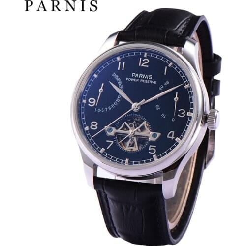 Parnis 43mm Black Dial Mens Watch Skeleton Glass Calendar 50m Waterproof Mechanical Wristwatch for Men 2020 man Watches gift