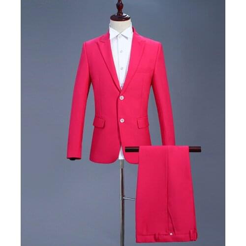 Mens 2 Piece Rose Red Elegant Suits With Pants Brand Slim Fit Single Breasted Formal Business Dress Suit Men For Wedding XXL