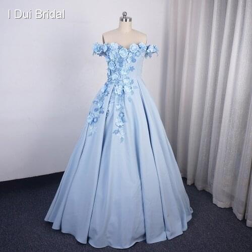 Sky Blue Off Shoulder Floral Prom Dress Dancing Dress with Lace Up Back 3D Flower Lace Factory Custom Made