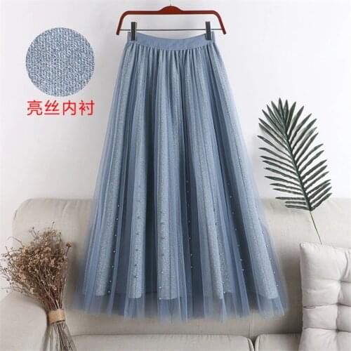 New Fashion Women Liangsi Mesh Skirts Autumn Lady Elastic Waist Beading Pleated Skirt Midi Long A-line Fairy Skirt Femme WZ1250