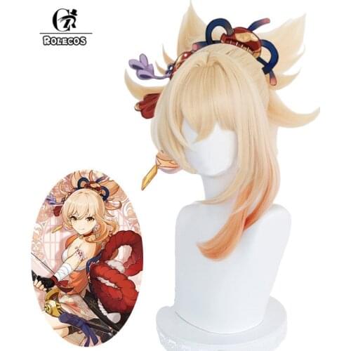 ROLECOS Game Genshin Impact Yoimiya Cosplay Wig Yoimiya Cosplay Wig 50cm Women Headwear Ponytail Heat Resistant Synthetic Hair