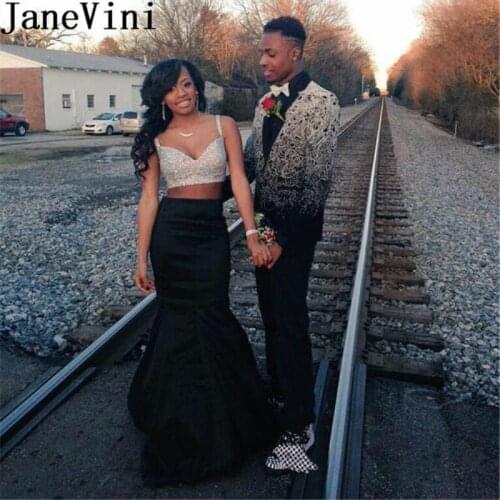 JaneVini Black Girl Two Piece Prom Dresses African Long Mermaid Evening Dresses 2019 Luxury Rhinestones Beaded Formal Party Gown