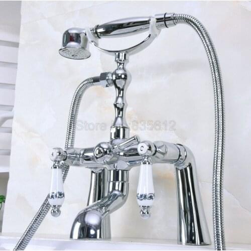 Polished Chrome Bathroom Shower Faucet Deck Mounted Bathtub Faucets Dual Handle Mixer Tap with Hand Spray tna113