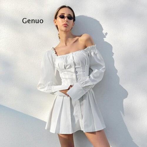 Casual Long Sleeve Shirt Dress Female Square Neck White Mini Dress Women Sexy Short Chic Dresses Ruffle Autumn Vestidos