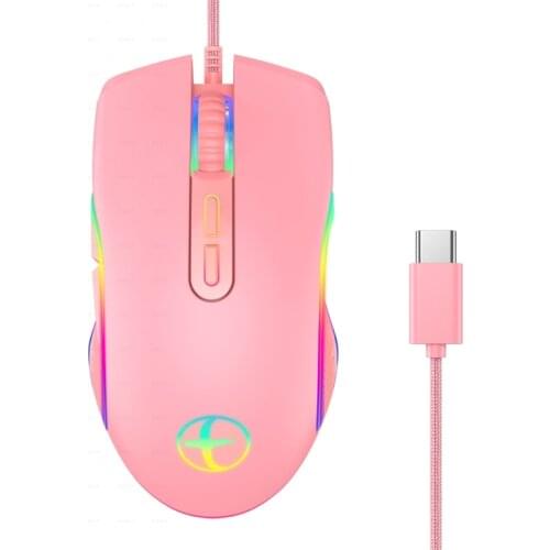 Braided USB Wired Optical Mouse With Type-C 3200DPI Pink RGB Light for Computer