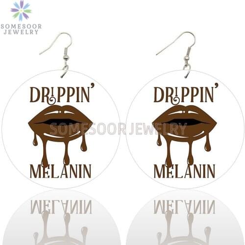 SOMESOOR Drippin Melanin Lips Design African Wooden Drop Earrings Both Sides Printed Black Artistic Loops Jewelry For Women Gift