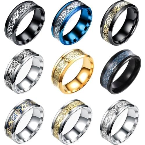 Vintage Multicolor Dragon Pattern 316L Stainless Steel Ring Golden Dragon Inlay Comfortable Suitable For Mens Wedding Rings