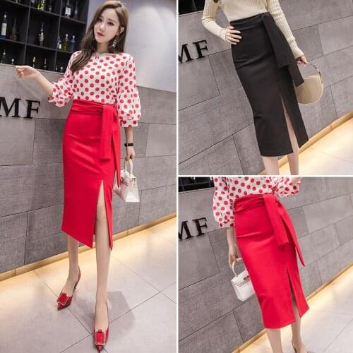 5XL Plus Size Women Midi Skirt Spring Summer Female Bandage Skirts High Waist Office Lady Wear Split Sexy Package Hip Skirt