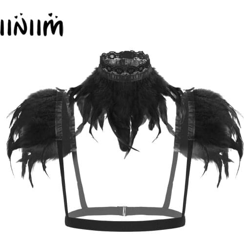 Womens Gothic Feather Shrug Shawl Sexy Victorian Steampunk Body Chest Harness Shoulder Cape+Lace Collar Festival Club Costume
