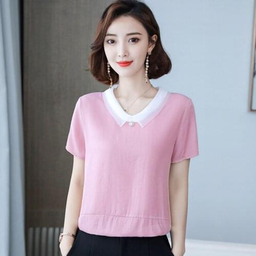 Women Spring Summer Style Chiffon Blouses Shirts Lady Casual Peter Pan Collar Short Sleeve Chiffon Blusas Tops ZZ0473