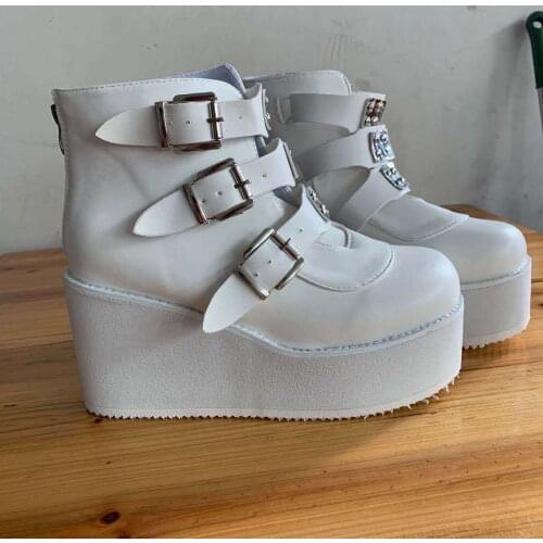 Metal Buckle Ankle Boots Women Punk Sneakers Female Platform Booties Wedges High Heels PU Leather Gothic Shoes Botas Mujer 35-43
