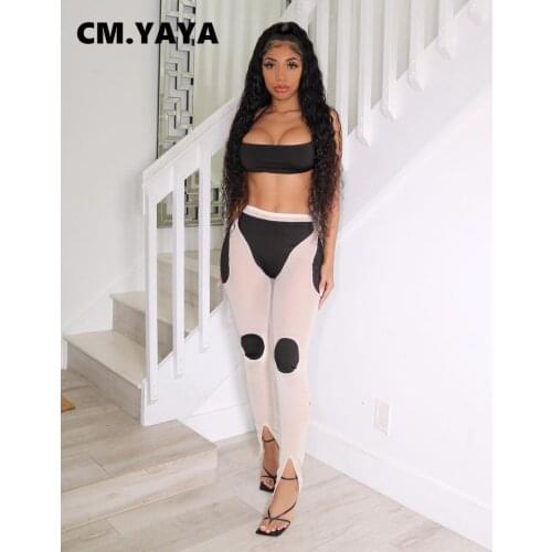 CM.YAYA Women Set Mesh Patchwork Spaghetti Strap Halter Super-short Top Sheath Elastic Long Pencil Pants 2 Piece Set Sexy Outfit