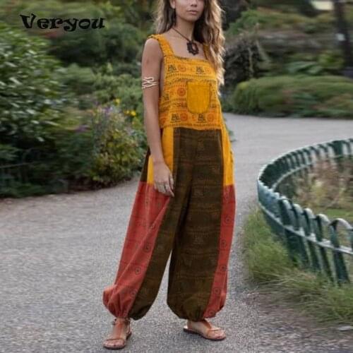 New Vintage Jumpsuit Women 2021 Causal Office Ladies Clothes Pants Rompers Pocket Loose Overall Sleeveless Print Summer Playsuit