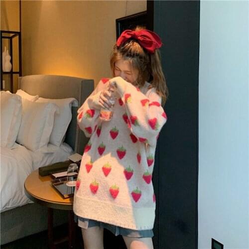 Bella Philosophy Wonder Sweet Lolita Cute Pink Cartoon Fruit Pattern Knitted Casual Pullover Loose Sweater Long Style Outwears