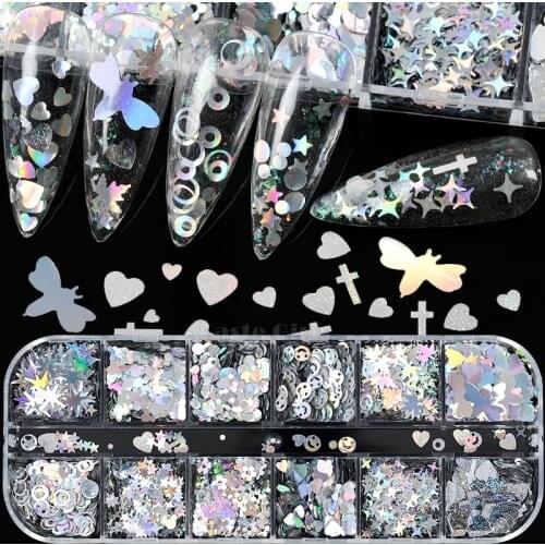 12 Grids Mix Round Circle Star Heart Cross Maple Silver Laser Holographic Glitter Sequins Nail Art Paillette Decals Manicure Set