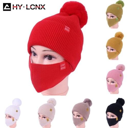 2021 Winter Women Knitted Hat Face Mask Set Warm Womens Cap Protection Girls Accessory Women Pom Pom Scarf Balaclava Beanie Hat