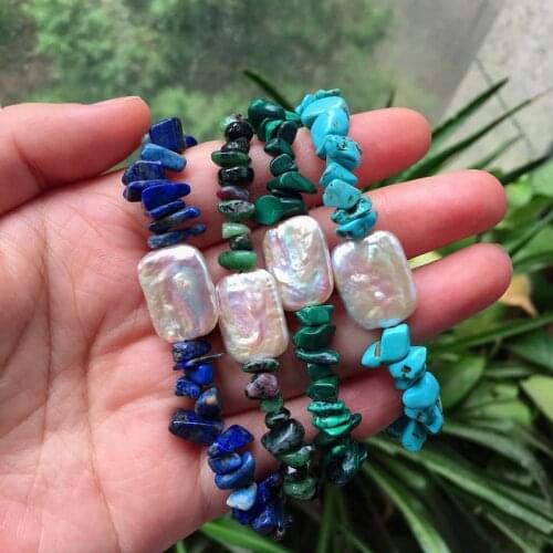 Natural Freshwater Pearl Bracelets Baroque Pearl Charm Retro Reiki Lapis Malachite Turquoises Chips Gems Stone Strand Bracelets