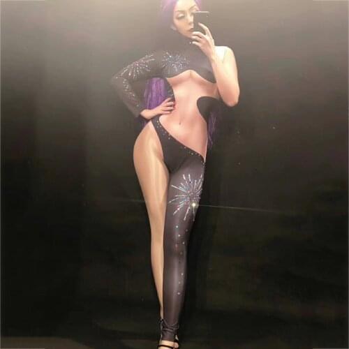Diamond Female One Leg Jumpsuit Bling Rhinestones Sexy Nightclub DJ Singer Gogos Pole Dance Costume Prom Party Clothes DJ180