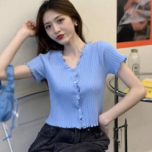 T-shirts For Women Fashion V-neck Short Sleeved Tops Ruffles Trim Solid Color T Shirt Summer New Thin Knitted Cardigan